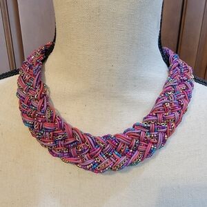 Pink & Purple Beaded with Chain Braided Necklace